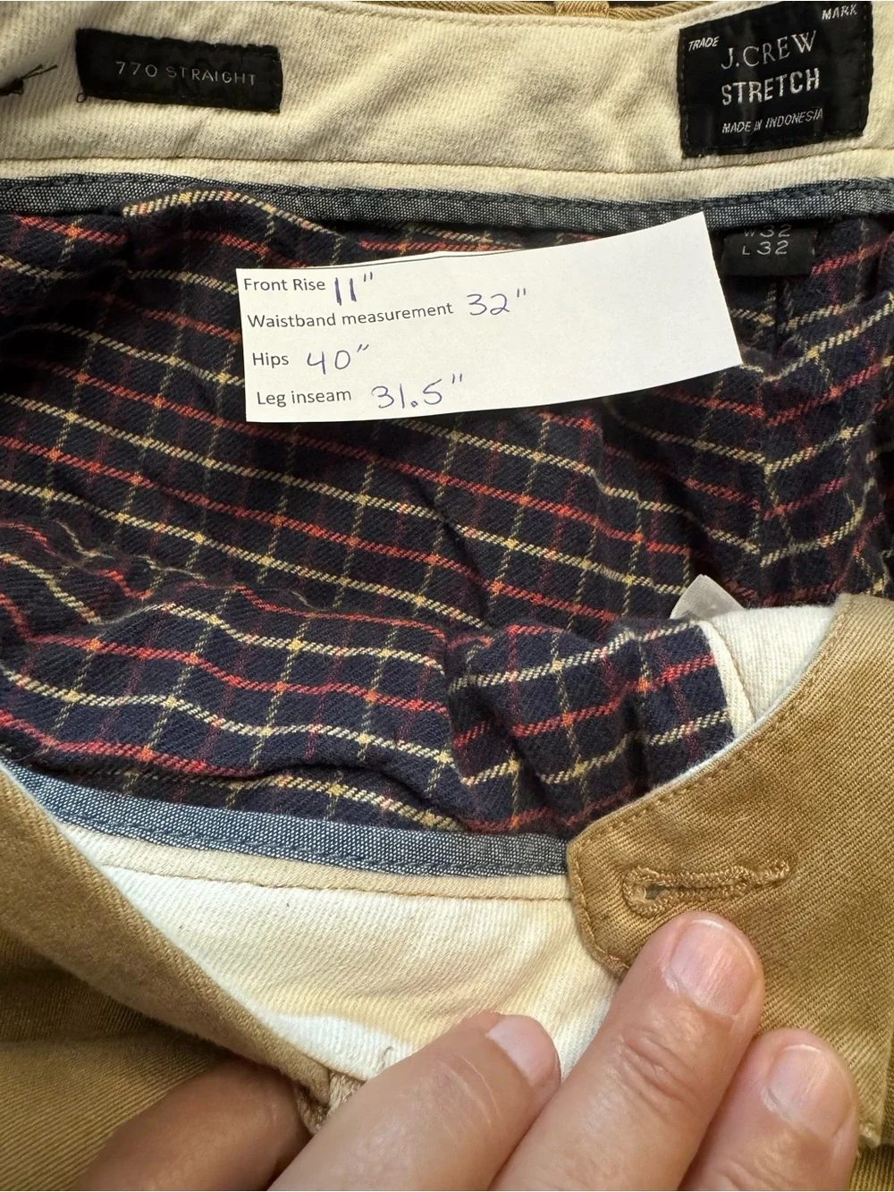 J. Crew Men's Chino Tan Pants 32x32 770 Flannel Lined Cabincore Outdoor Preppy